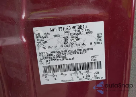 2006 Ford F-150 Lariat/Xlt z USA, uszkodzony, nr VIN 1FTPW12VX6FB24729